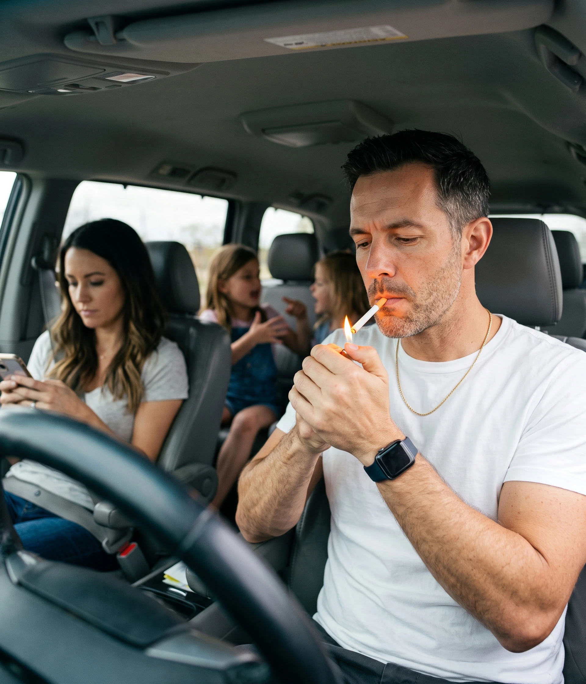 Man in driver's seat lighting a cigarette while a woman uses her phone and kids sit in the back.