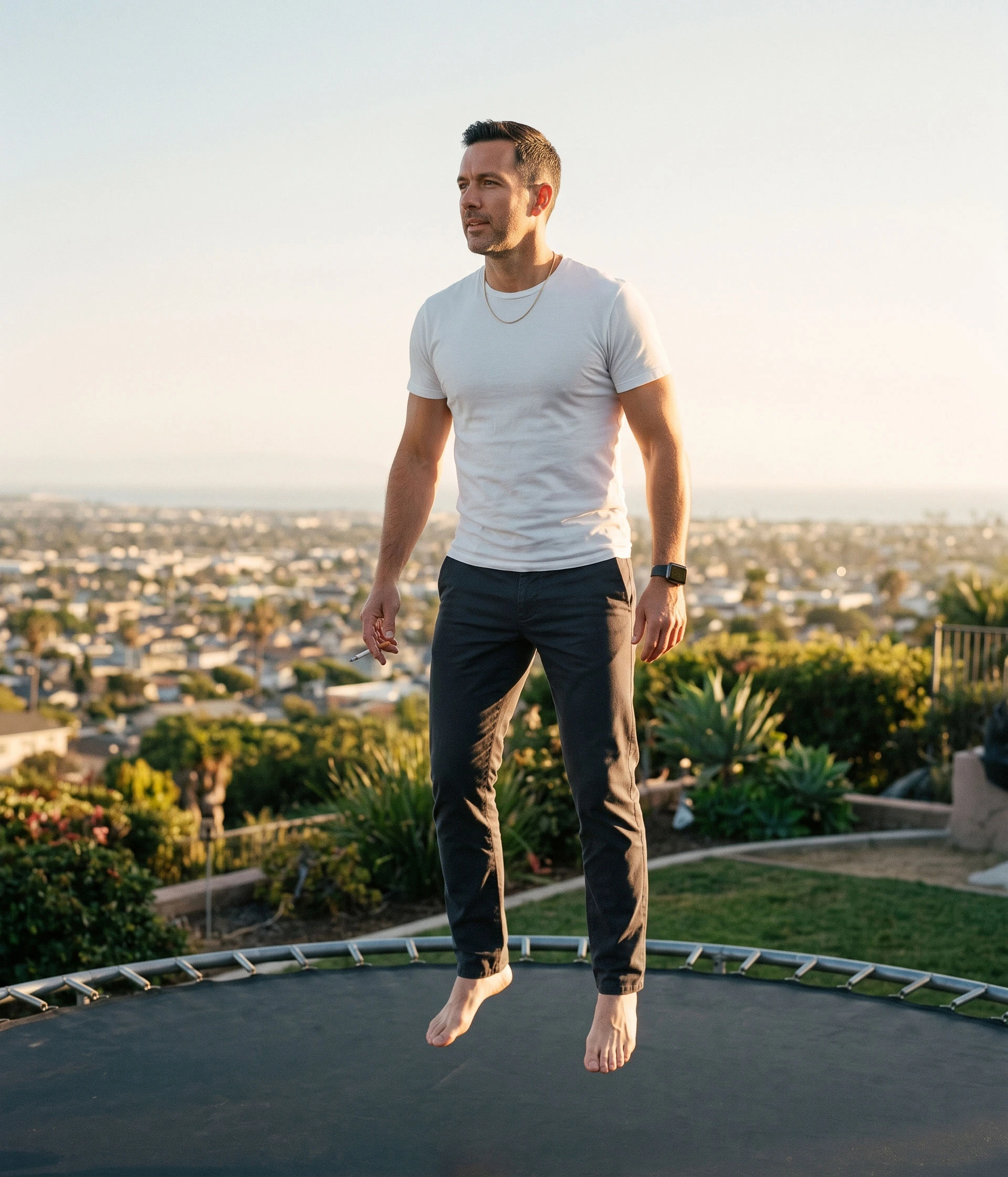 Barefoot man holding a cigarette while floating mid-air on an outdoor trampoline overlooking a coastal town.