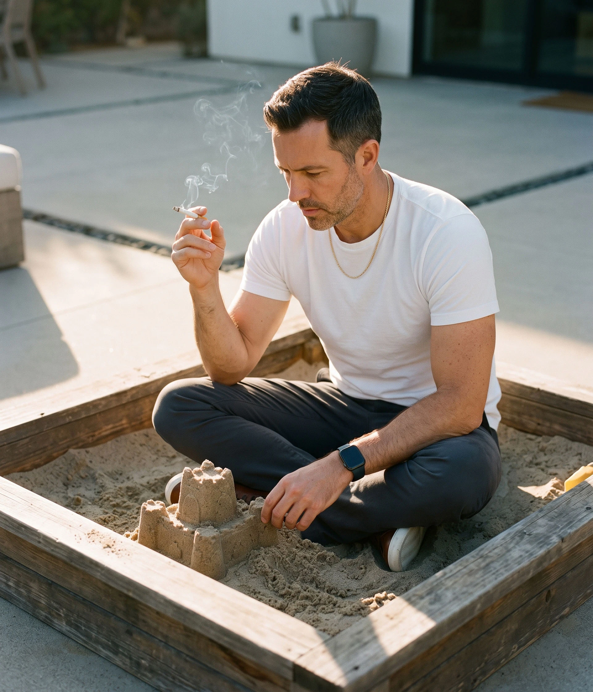 Man sitting cross-legged in a wooden sandbox holding a lit cigarette while building a sandcastle outdoors.