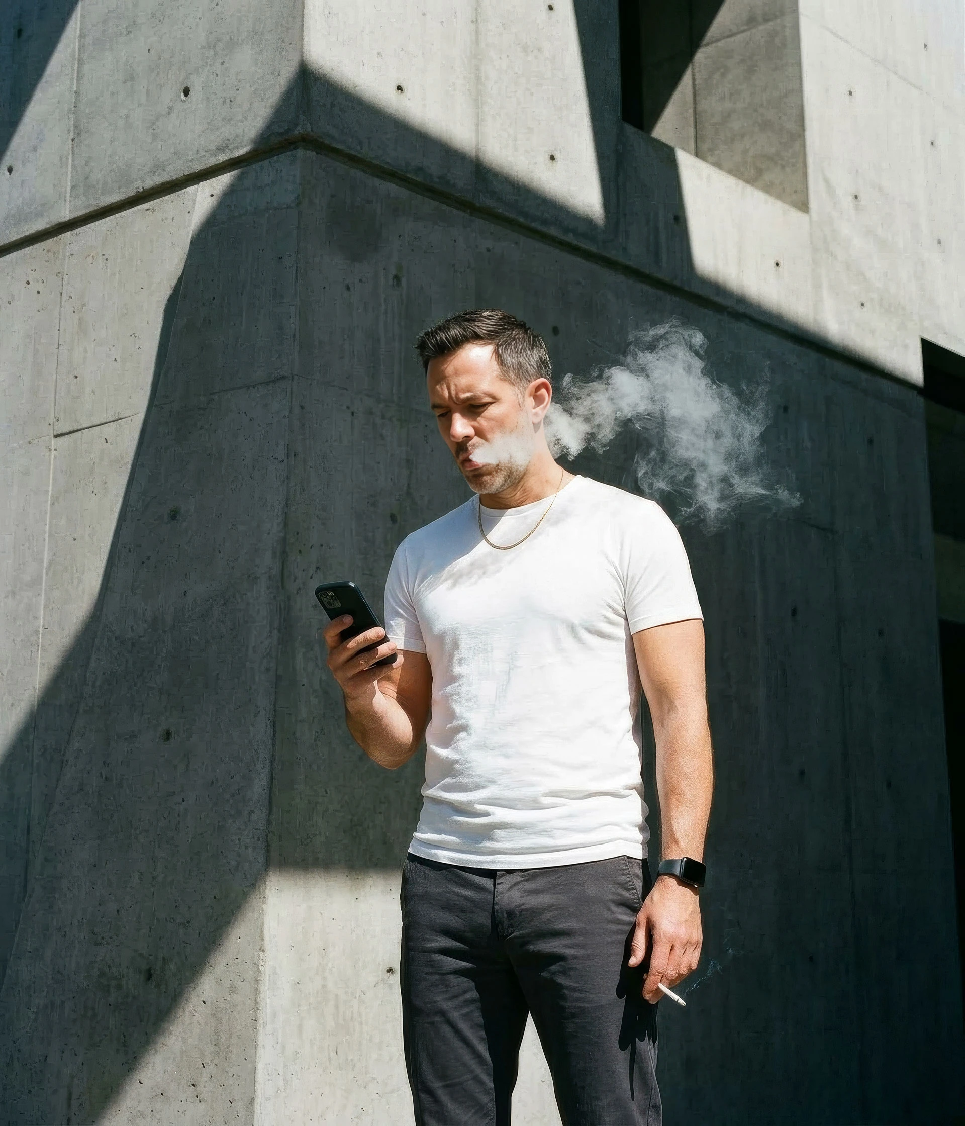 Man looking irritated at his phone while smoking a cigarette against a brutalist wall.